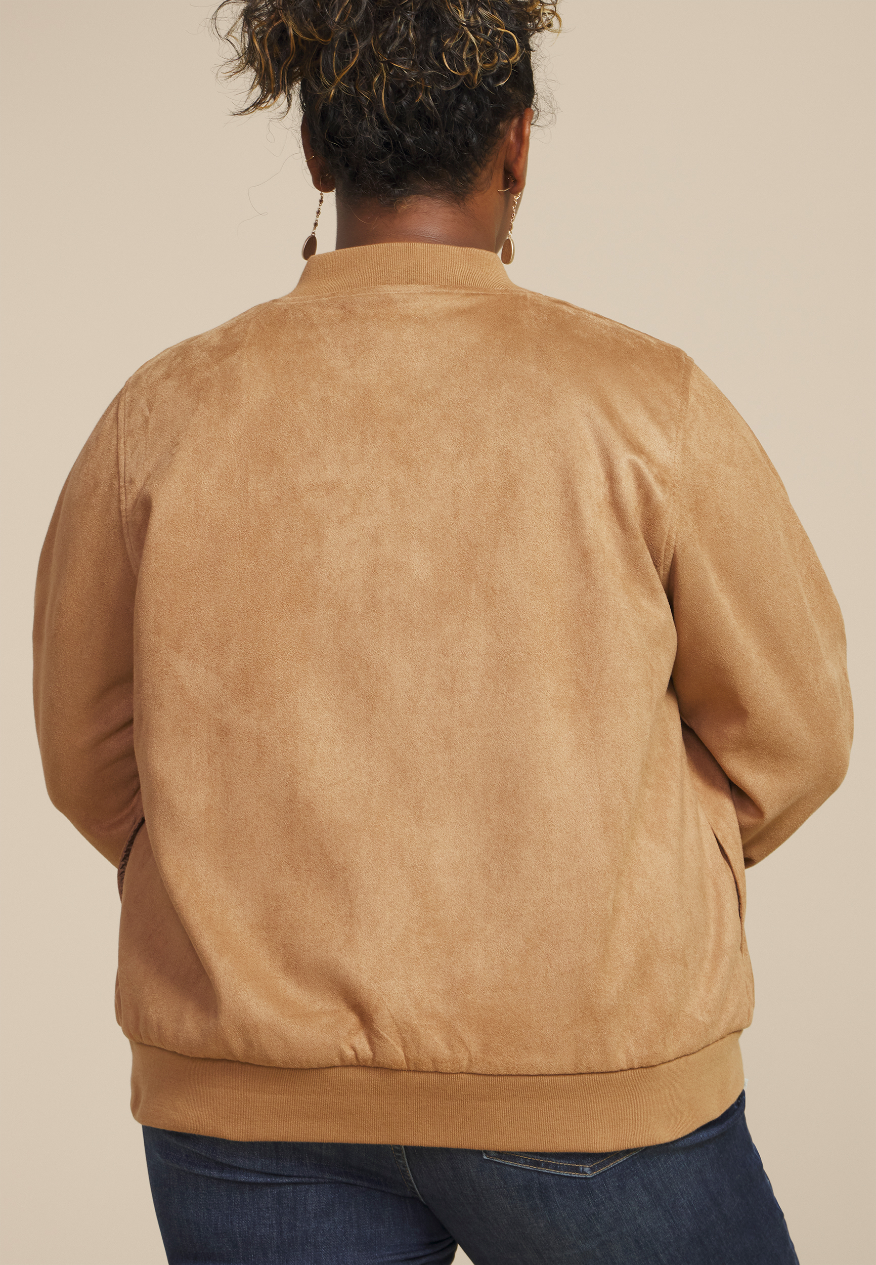 Plus Size Tan Suede Bomber Jacket, TAN, large