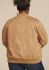 Plus Size Tan Suede Bomber Jacket, TAN, small