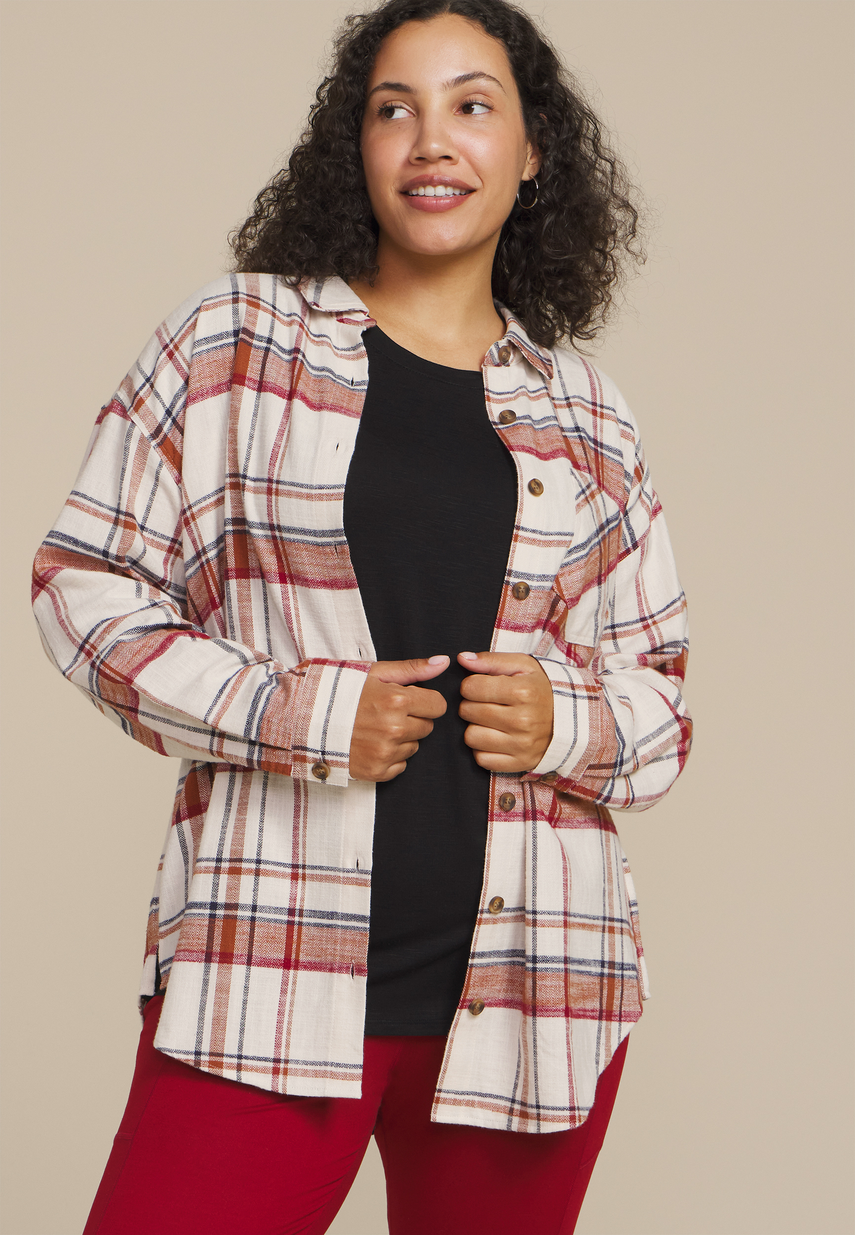 Plus Size Cabin Plaid Boyfriend Tunic Button Down Shirt