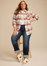 Plus Size Cabin Plaid Boyfriend Tunic Button Down Shirt, MULTI, small