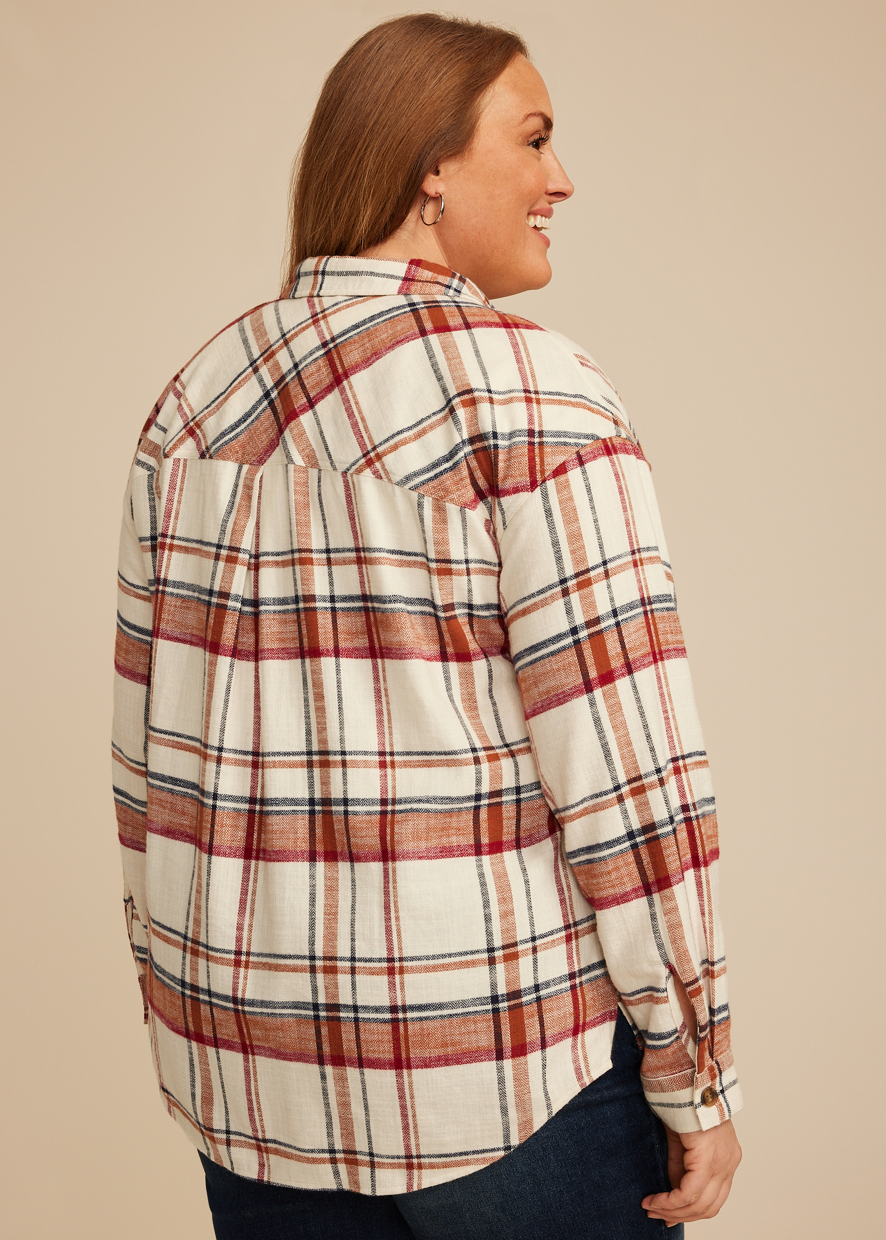 Plus Size Cabin Plaid Boyfriend Tunic Button Down Shirt, MULTI, large
