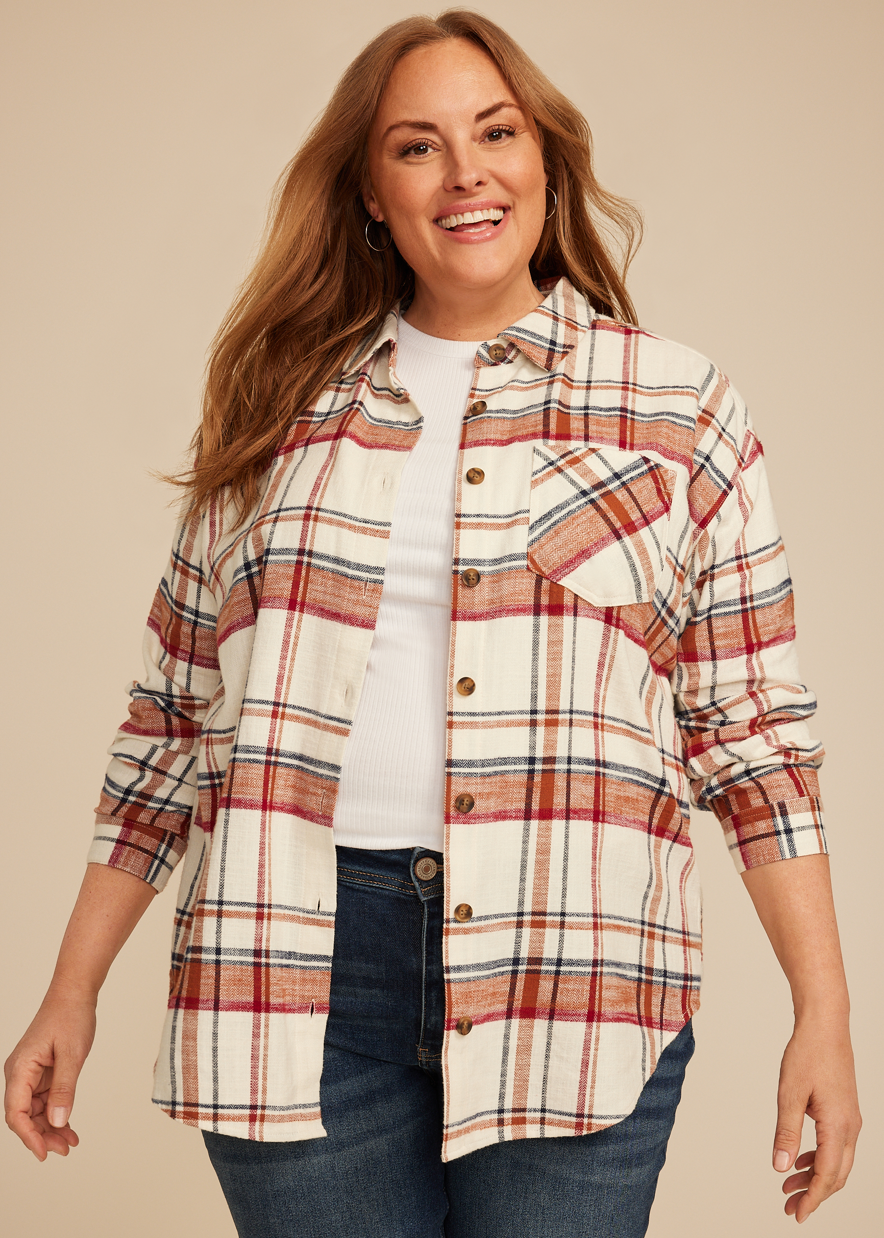 Plus Size Cabin Plaid Boyfriend Tunic Button Down Shirt, MULTI, large