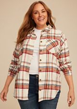 Plus Size Cabin Plaid Boyfriend Tunic Button Down Shirt, MULTI, small