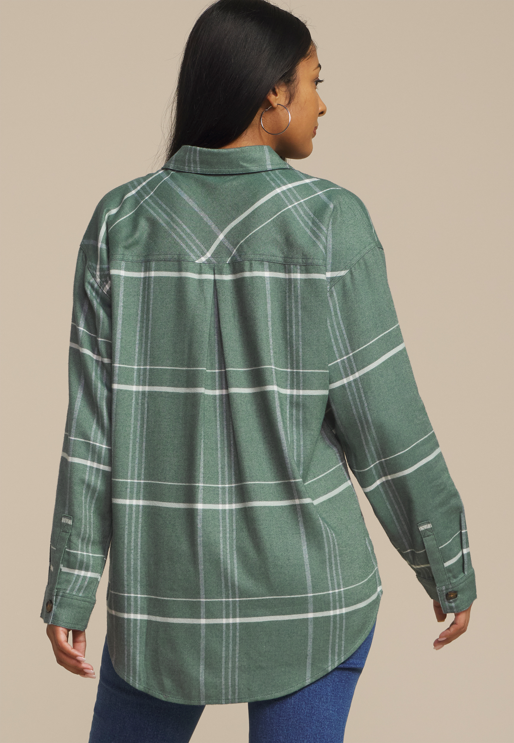 Plaid Boyfriend High Low Button Down Shirt, C8125, large