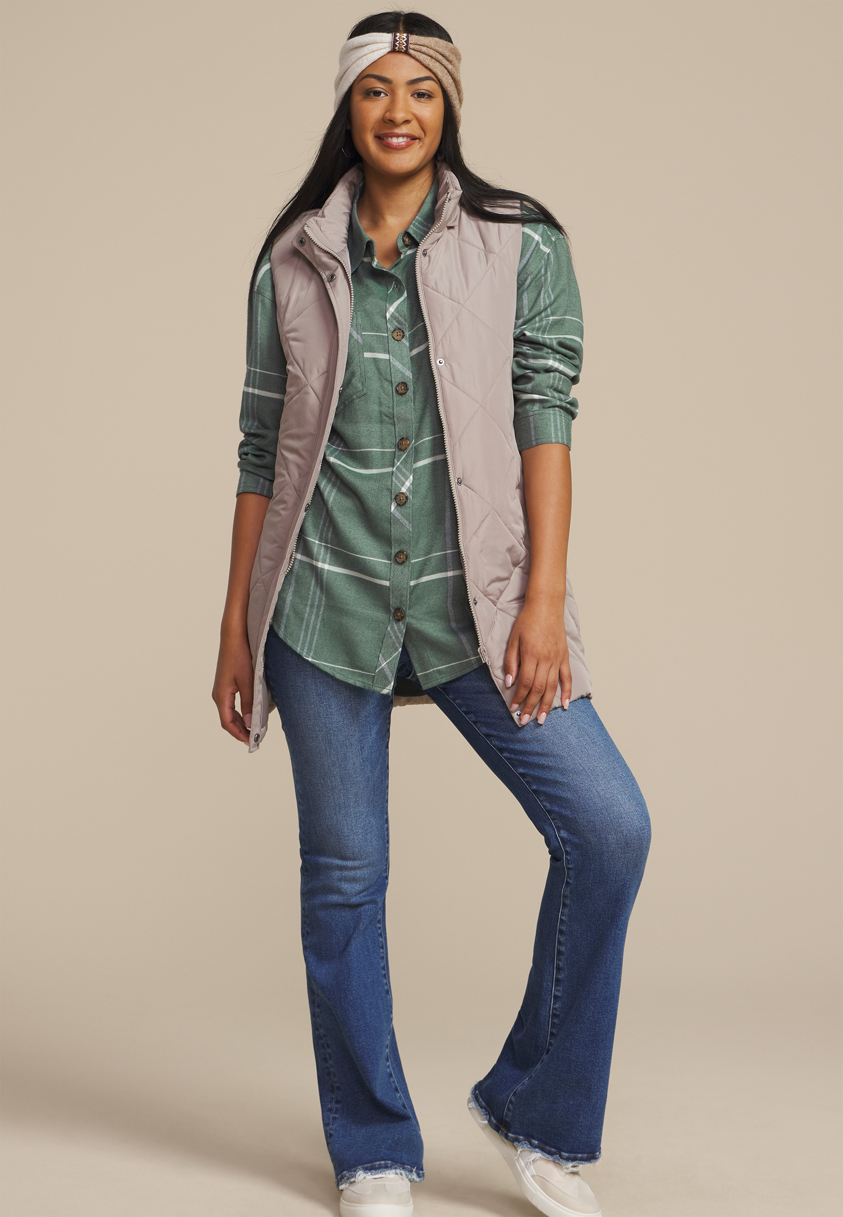 Plaid Boyfriend High Low Button Down Shirt, C8125, large