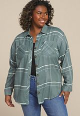 Plus Size Plaid Boyfriend High Low Button Down Shirt, C8125, small