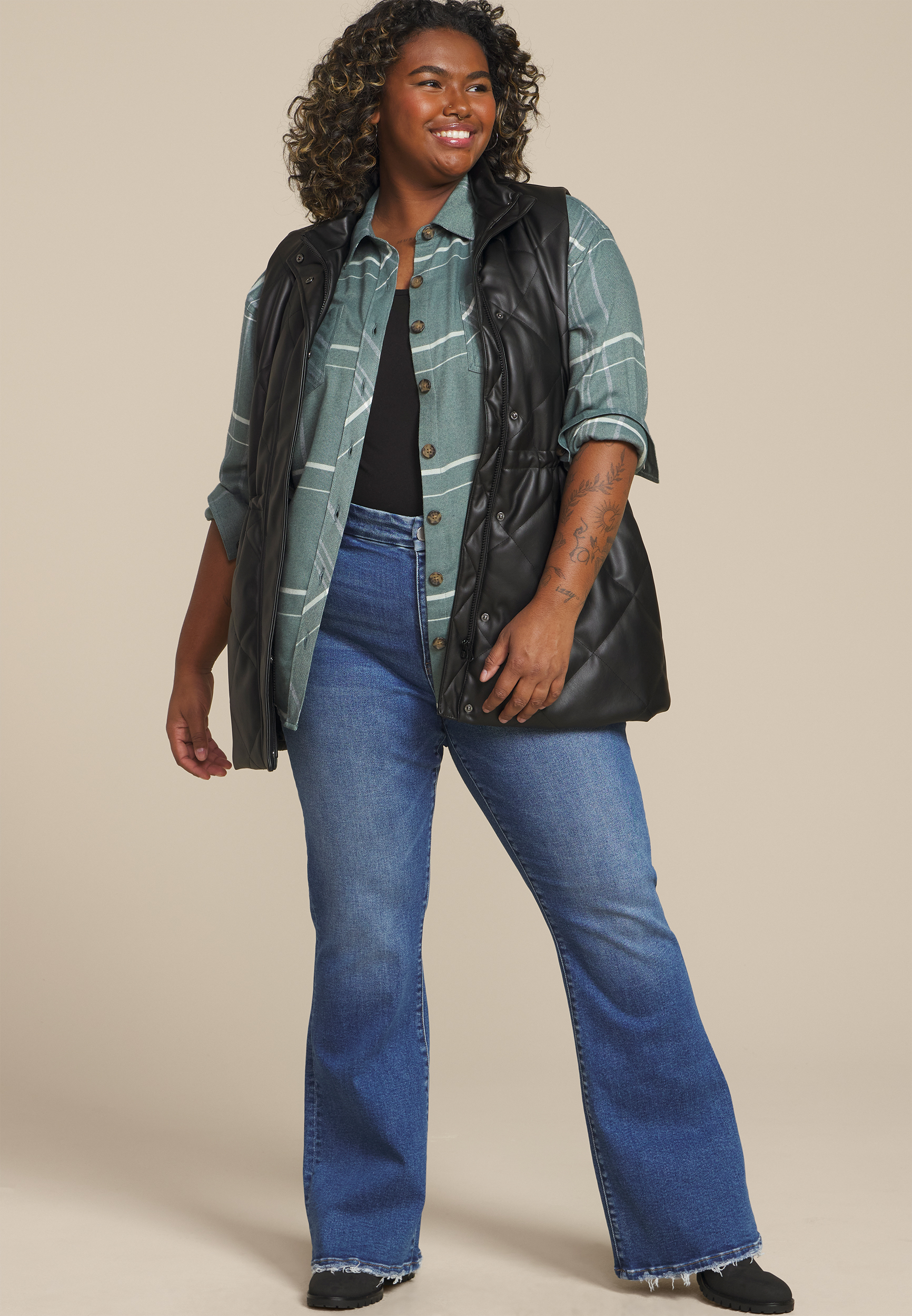 Plus Size Plaid Boyfriend High Low Button Down Shirt, C8125, large