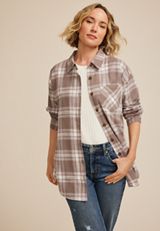 Cabin Plaid Boyfriend Tunic Button Down Shirt, C3410, small