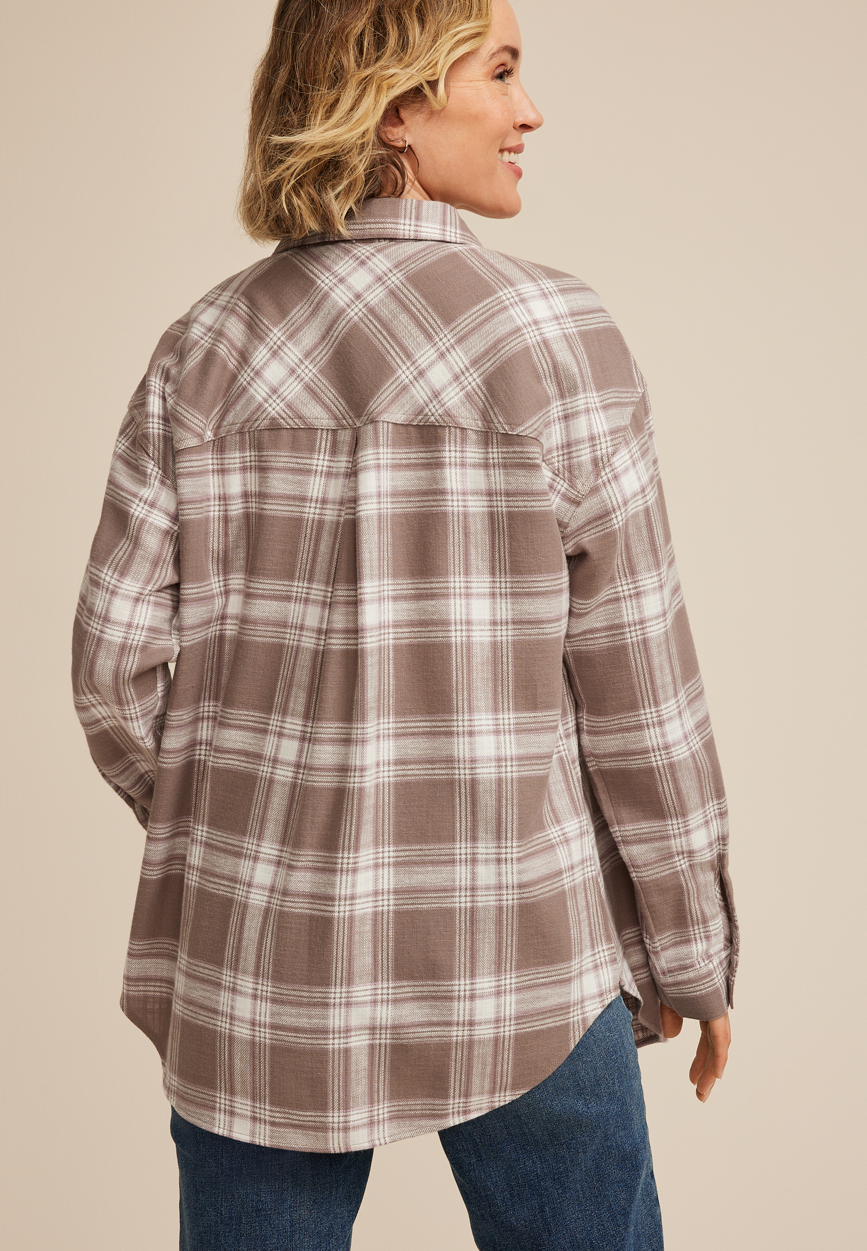 Cabin Plaid Boyfriend Tunic Button Down Shirt, C3410, large
