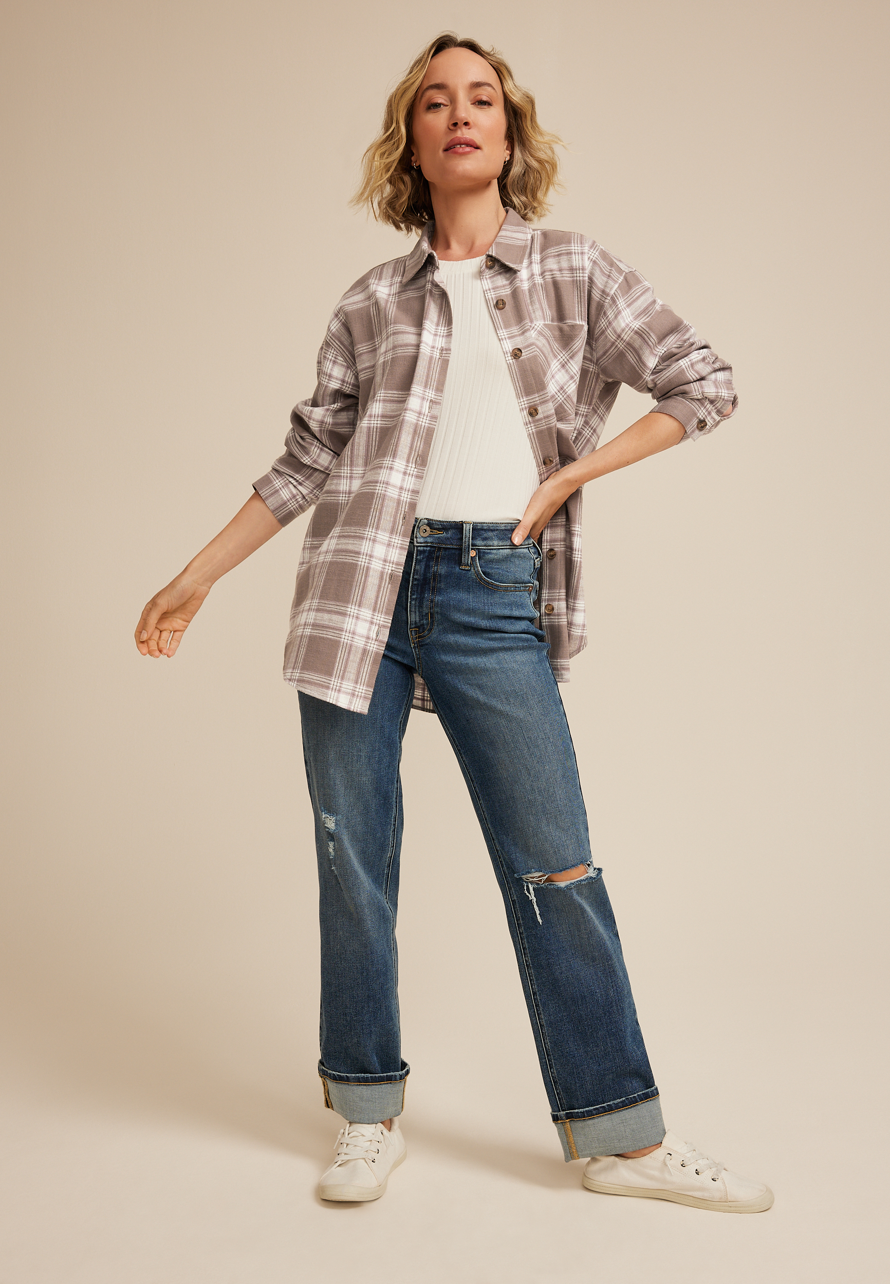 Cabin Plaid Boyfriend Tunic Button Down Shirt, C3410, large