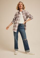 Cabin Plaid Boyfriend Tunic Button Down Shirt, C3410, small