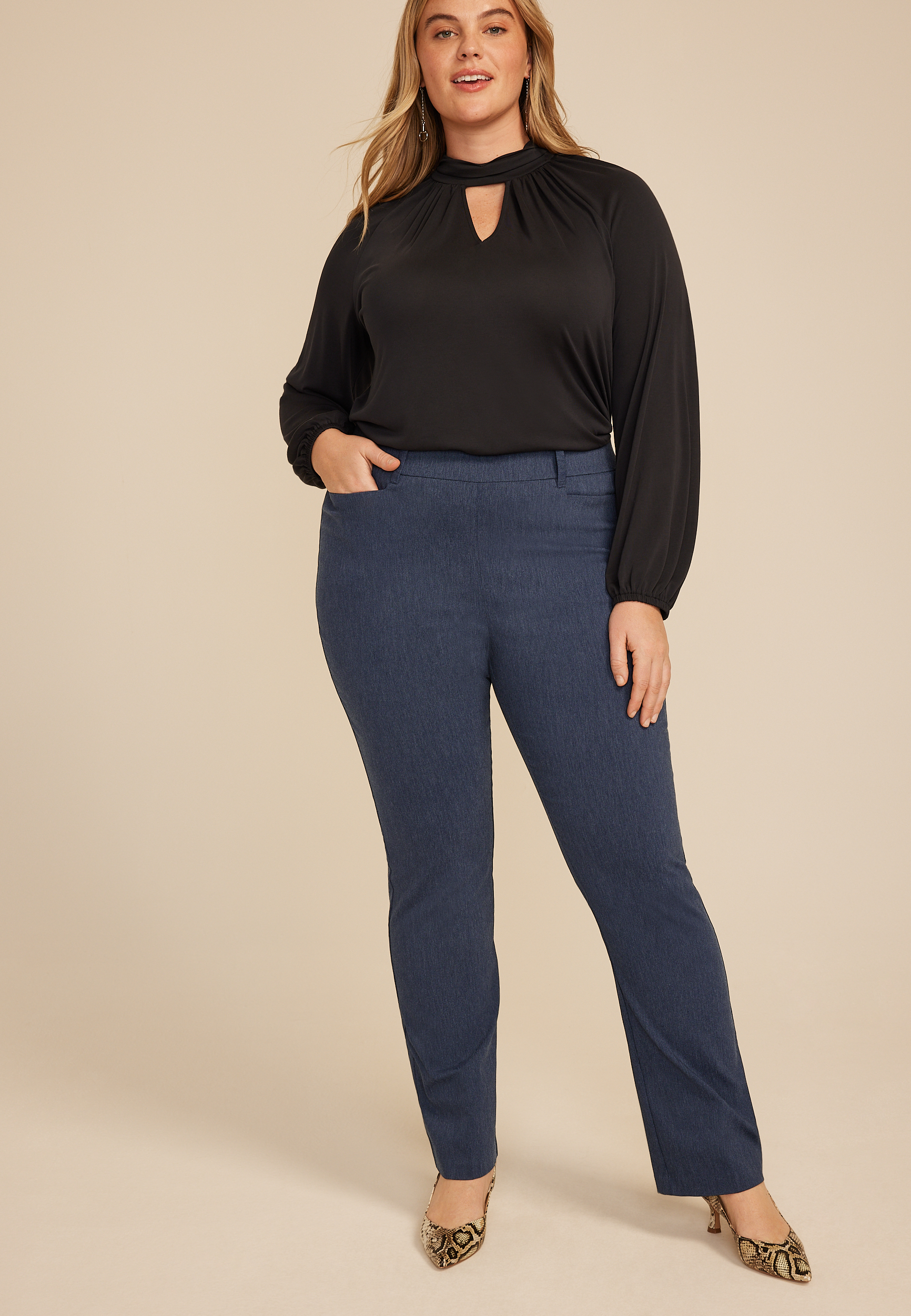Plus Size Faux Denim Bengaline Mid Rise Bootcut Pant, C1187, large