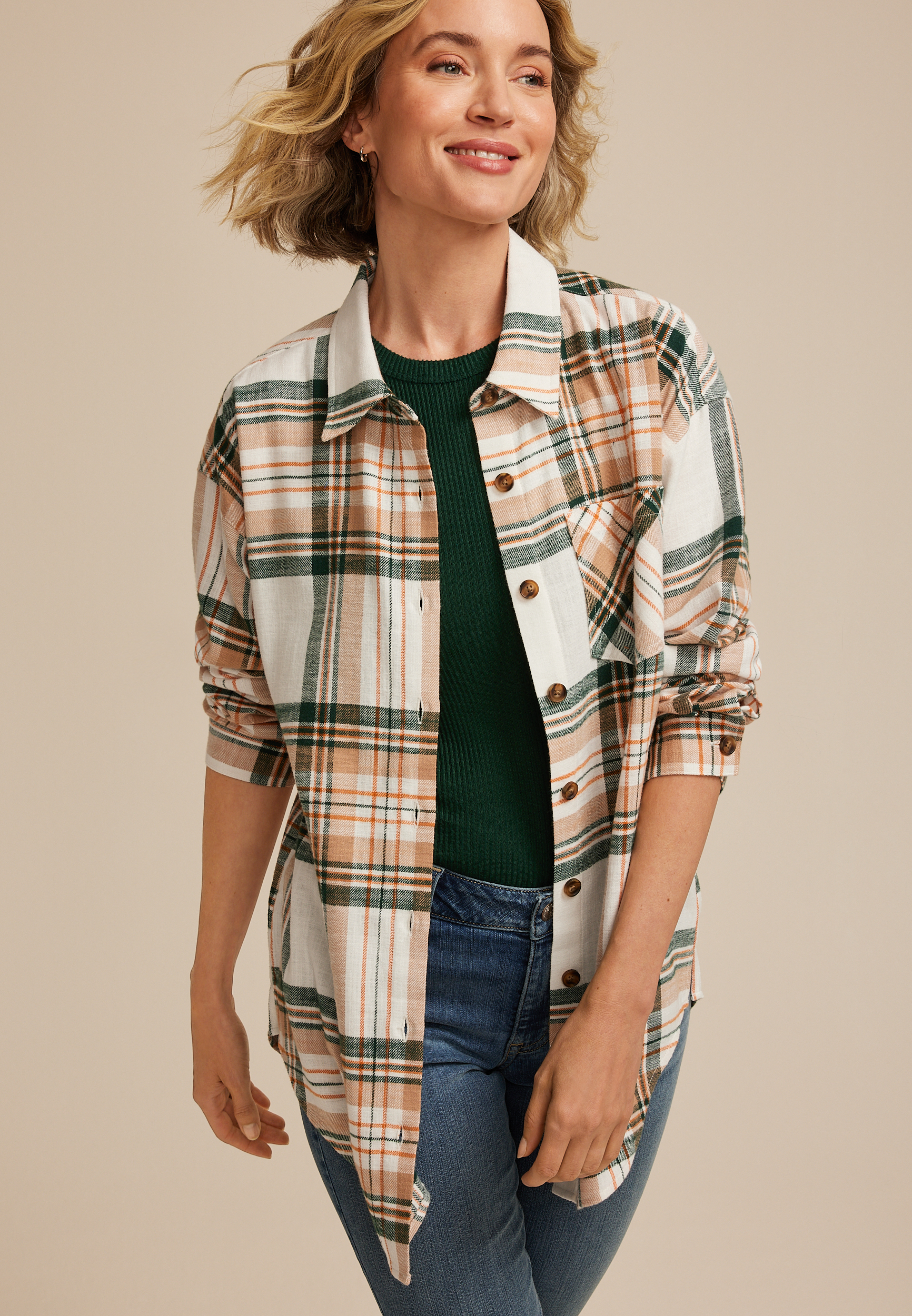 Cabin Plaid Boyfriend Tunic Button Down Shirt