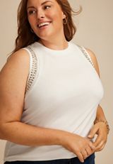Plus Size Studded Embellished Shoulder Tank Top, SOFT WHITE, small