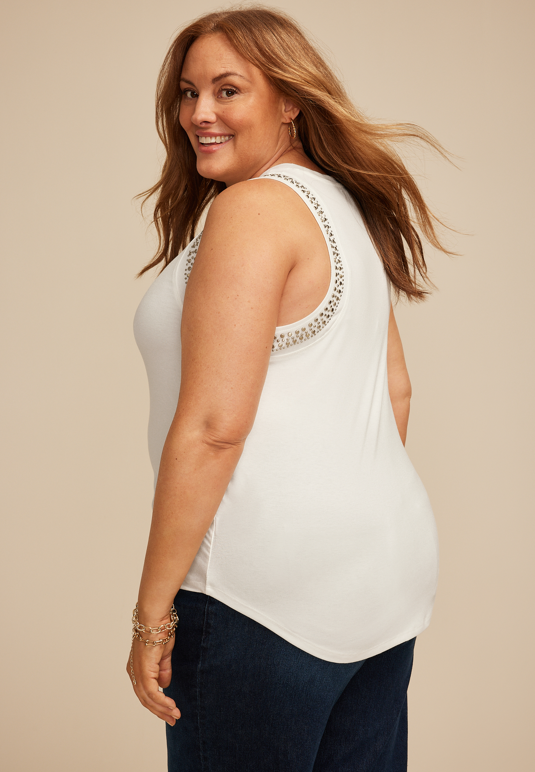 Plus Size Studded Embellished Shoulder Tank Top, SOFT WHITE, large