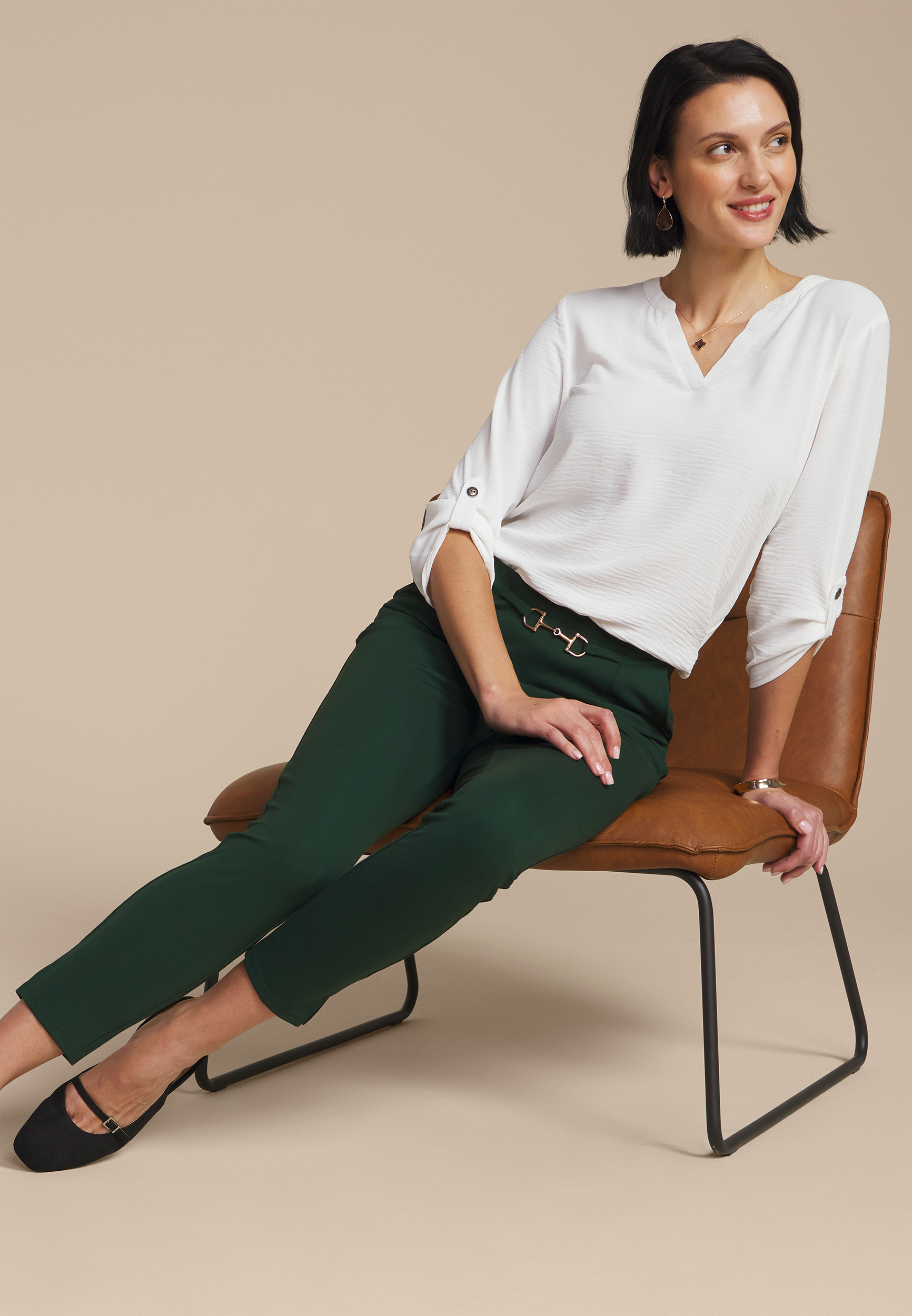 Gold Buckle Ponte Pull On Skinny Pant, MYRTL GREEN, large