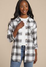 Cabin Plaid Boyfriend Tunic Button Down Shirt, C3986, small