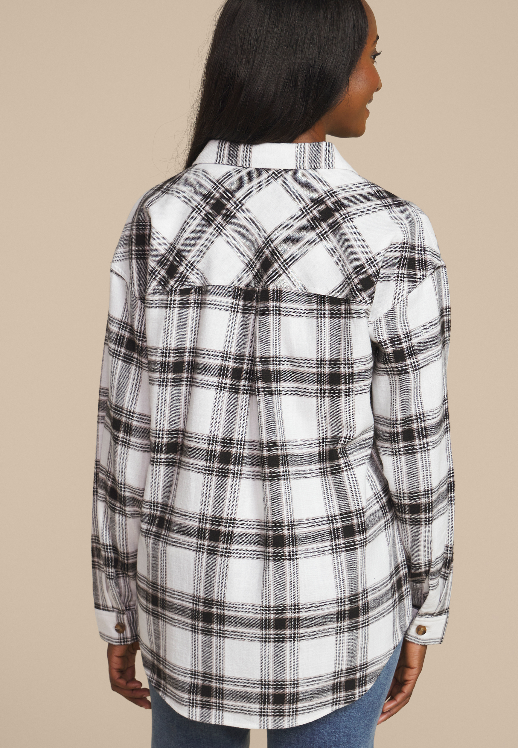 Cabin Plaid Boyfriend Tunic Button Down Shirt, C3986, large