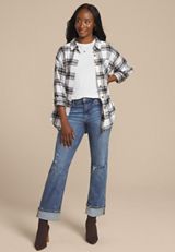 Cabin Plaid Boyfriend Tunic Button Down Shirt, C3986, small