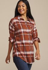 Cabin Plaid Boyfriend Tunic Button Down Shirt, MOCHA BISQUE COMBO, small