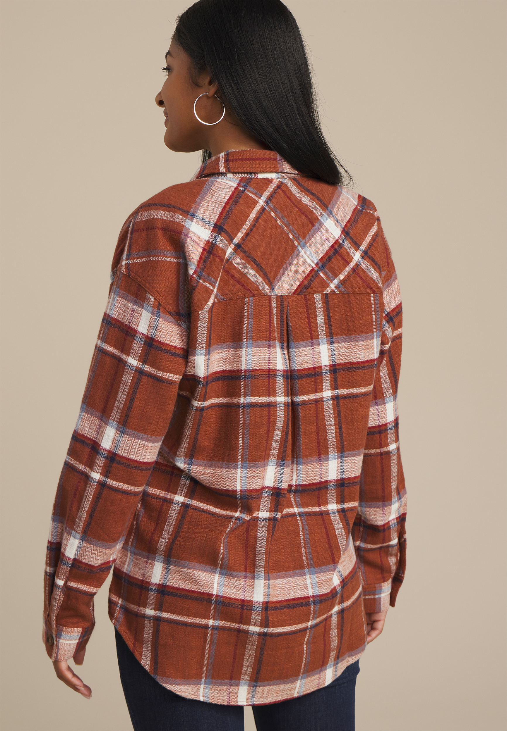 Cabin Plaid Boyfriend Tunic Button Down Shirt, MOCHA BISQUE COMBO, large