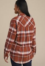 Cabin Plaid Boyfriend Tunic Button Down Shirt, MOCHA BISQUE COMBO, small
