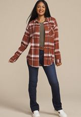 Cabin Plaid Boyfriend Tunic Button Down Shirt, MOCHA BISQUE COMBO, small