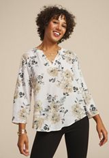 Atwood Floral 3/4 Sleeve Popover Blouse, KHAKI COMBO, small