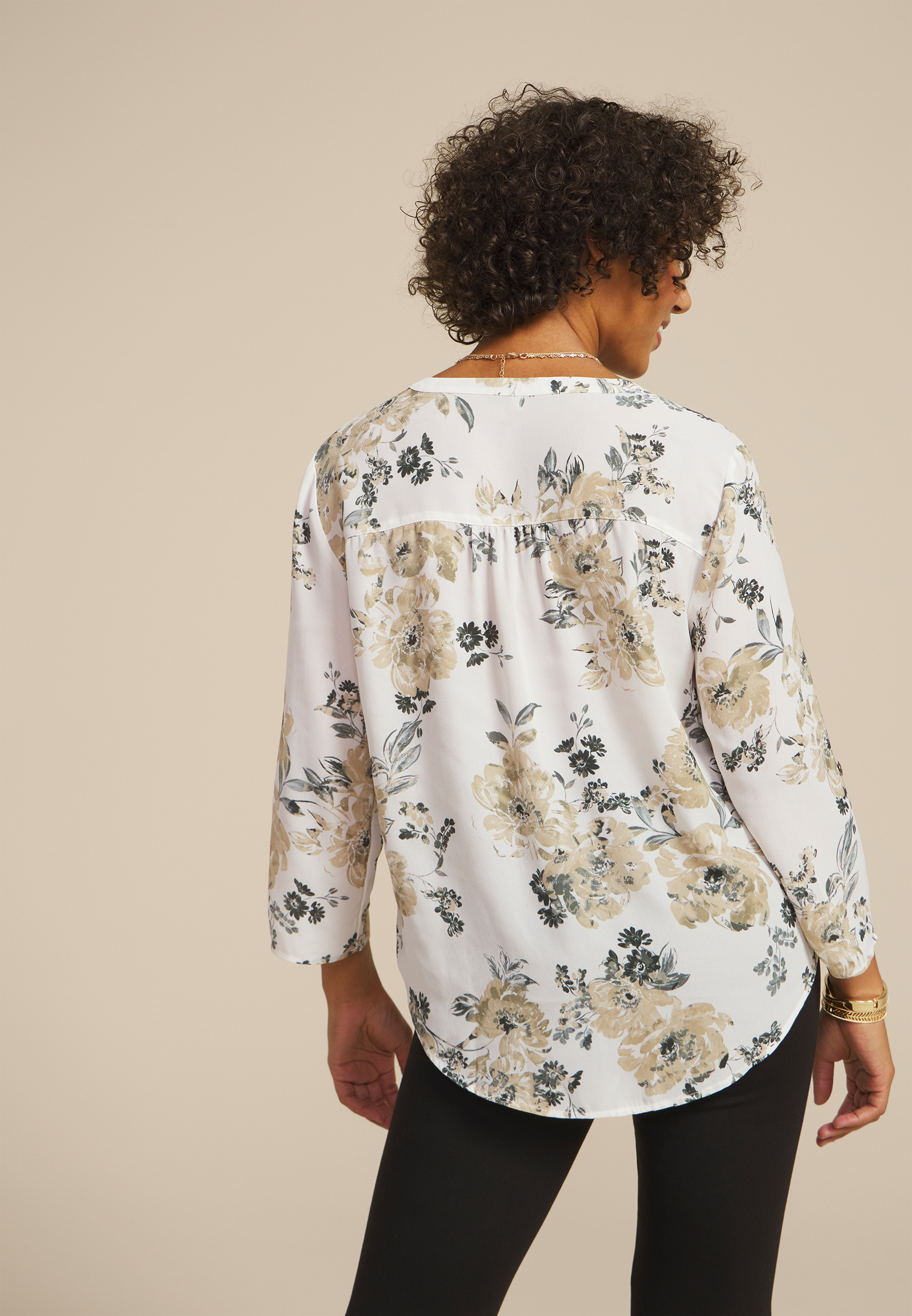 Atwood Floral 3/4 Sleeve Popover Blouse, KHAKI COMBO, large
