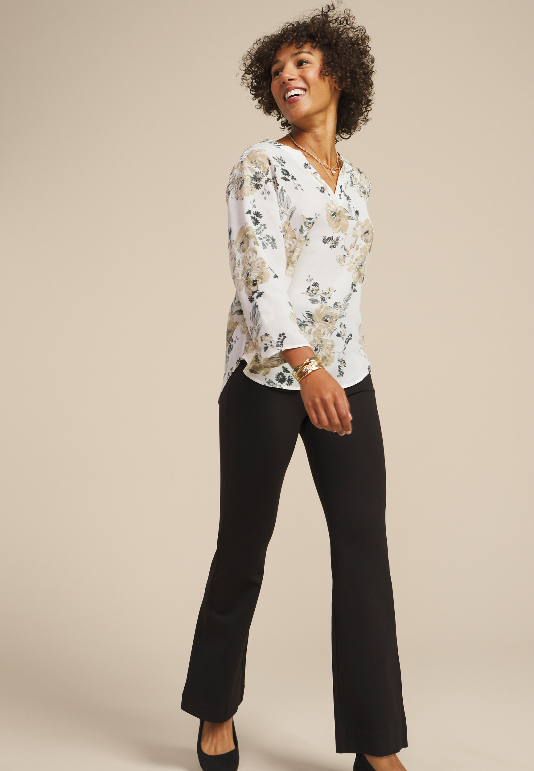 Atwood Floral 3/4 Sleeve Popover Blouse, KHAKI COMBO, large