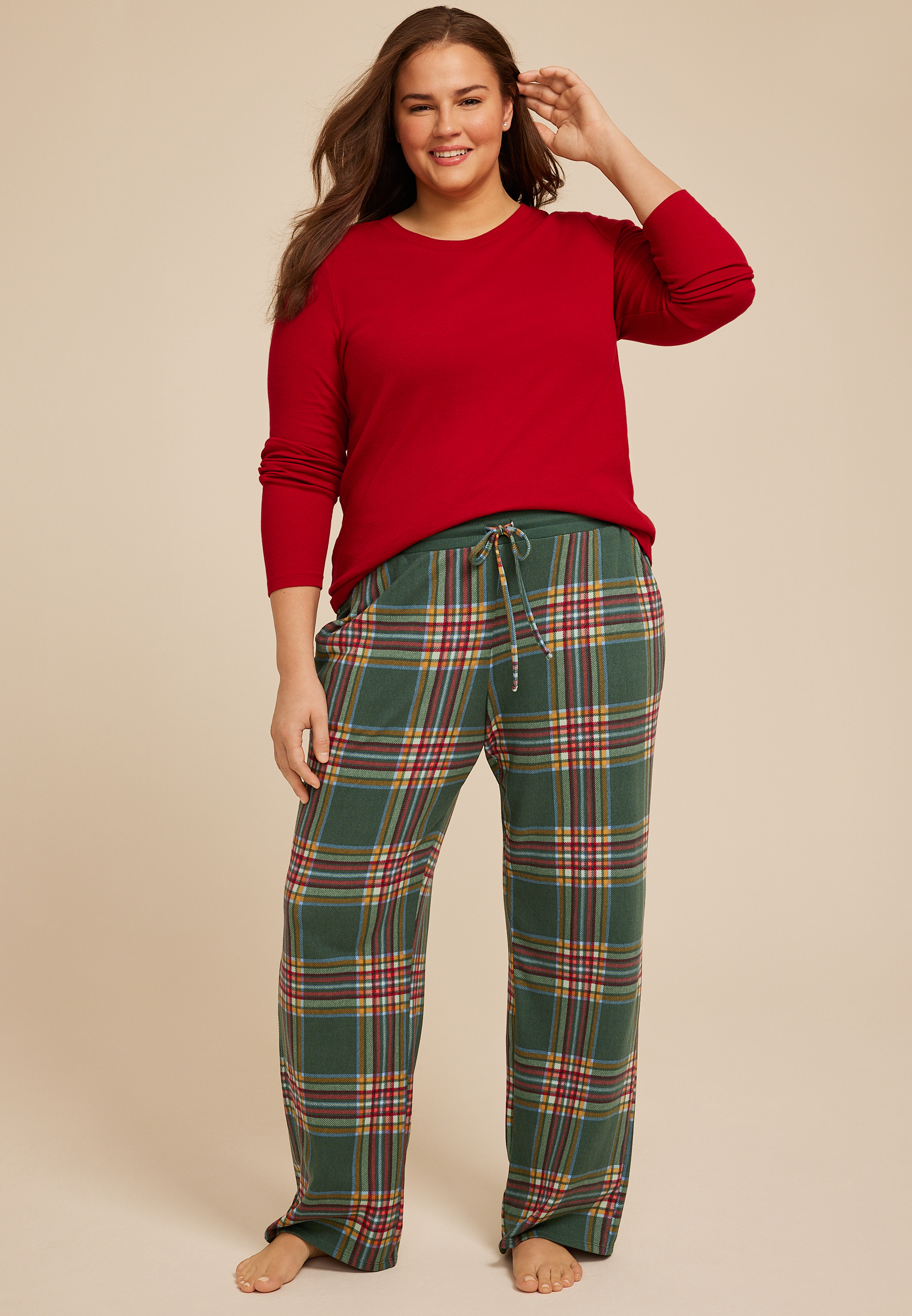 Plus Size Hacci Plaid Wide Leg Pajama Pants, C8125, large
