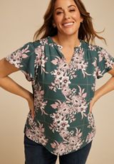 Plus Size Atwood Floral Smocked Shoulder Flutter Sleeve Blouse, C8125, small