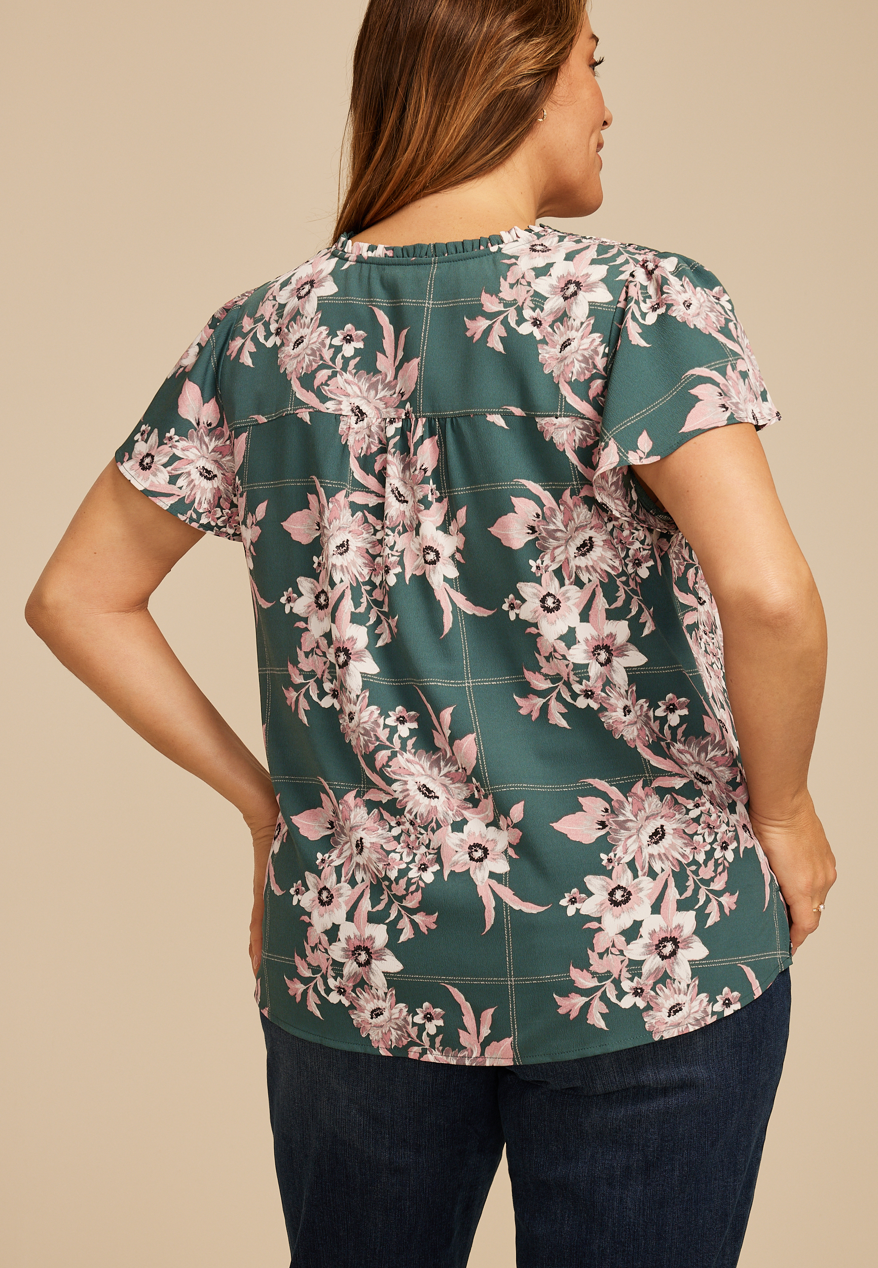 Plus Size Atwood Floral Smocked Shoulder Flutter Sleeve Blouse, C8125, large