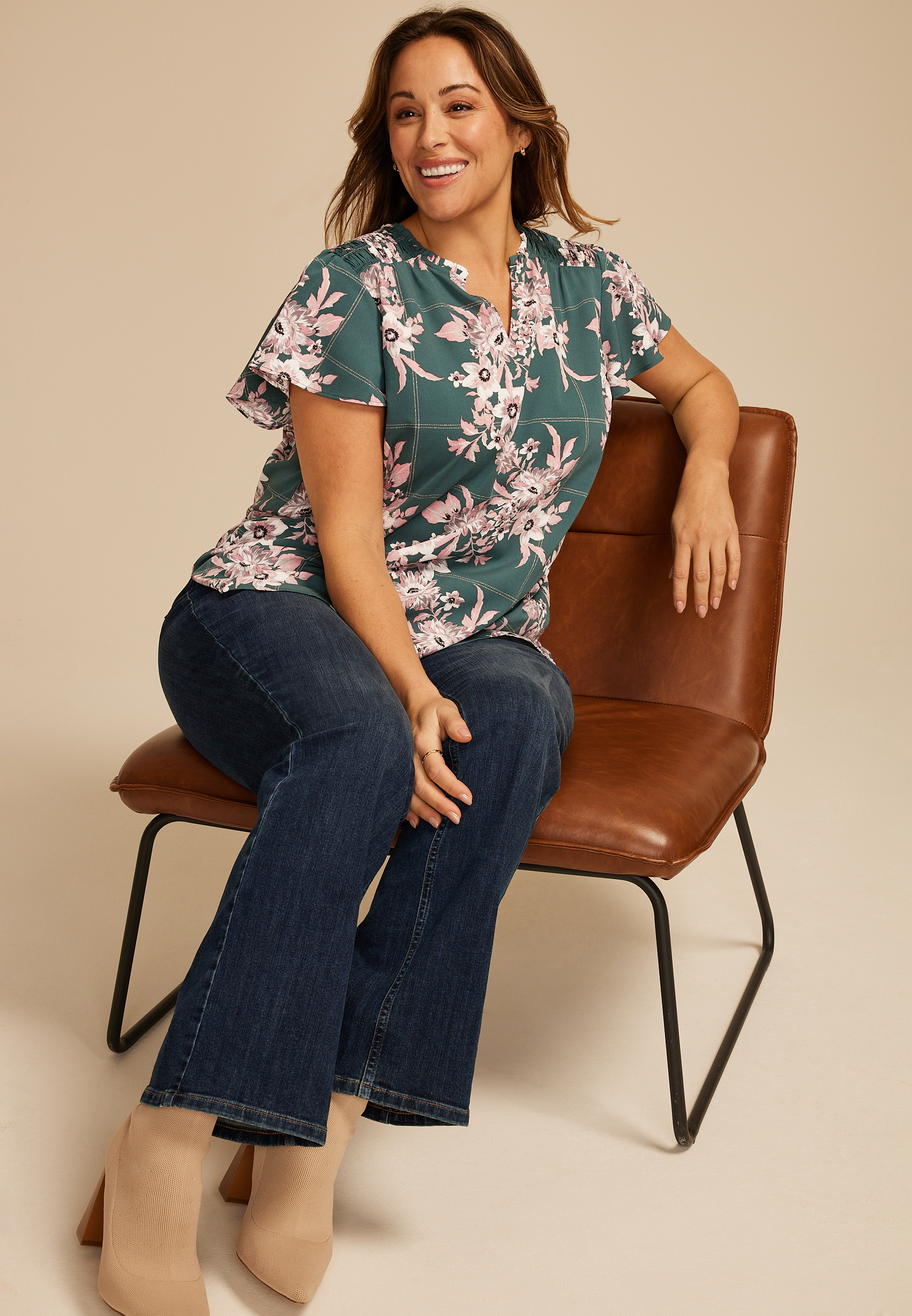 Plus Size Atwood Floral Smocked Shoulder Flutter Sleeve Blouse, C8125, large