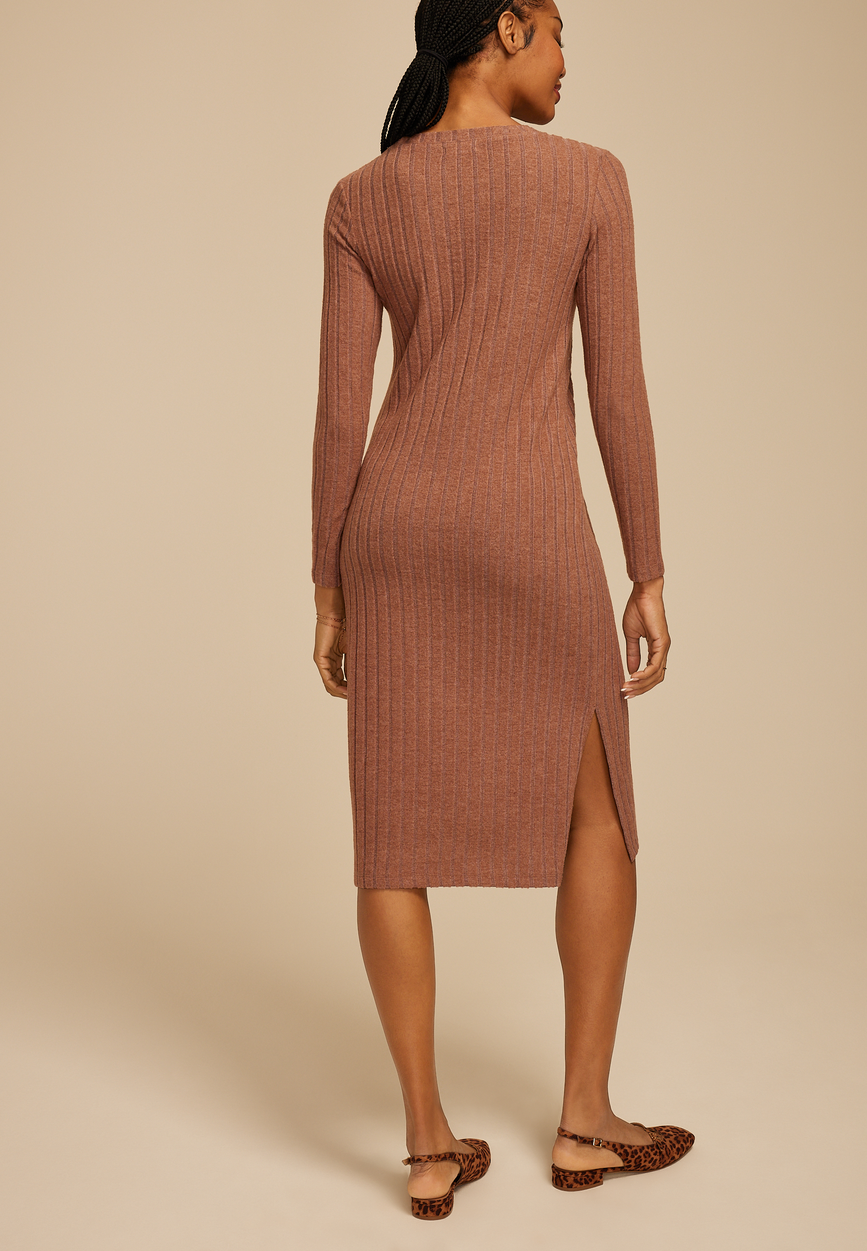24/7 Ribbed Long Sleeve Midi Dress, , large