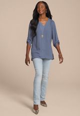 Striped 3/4 Sleeve Tunic Blouse, DUSK SKY, small
