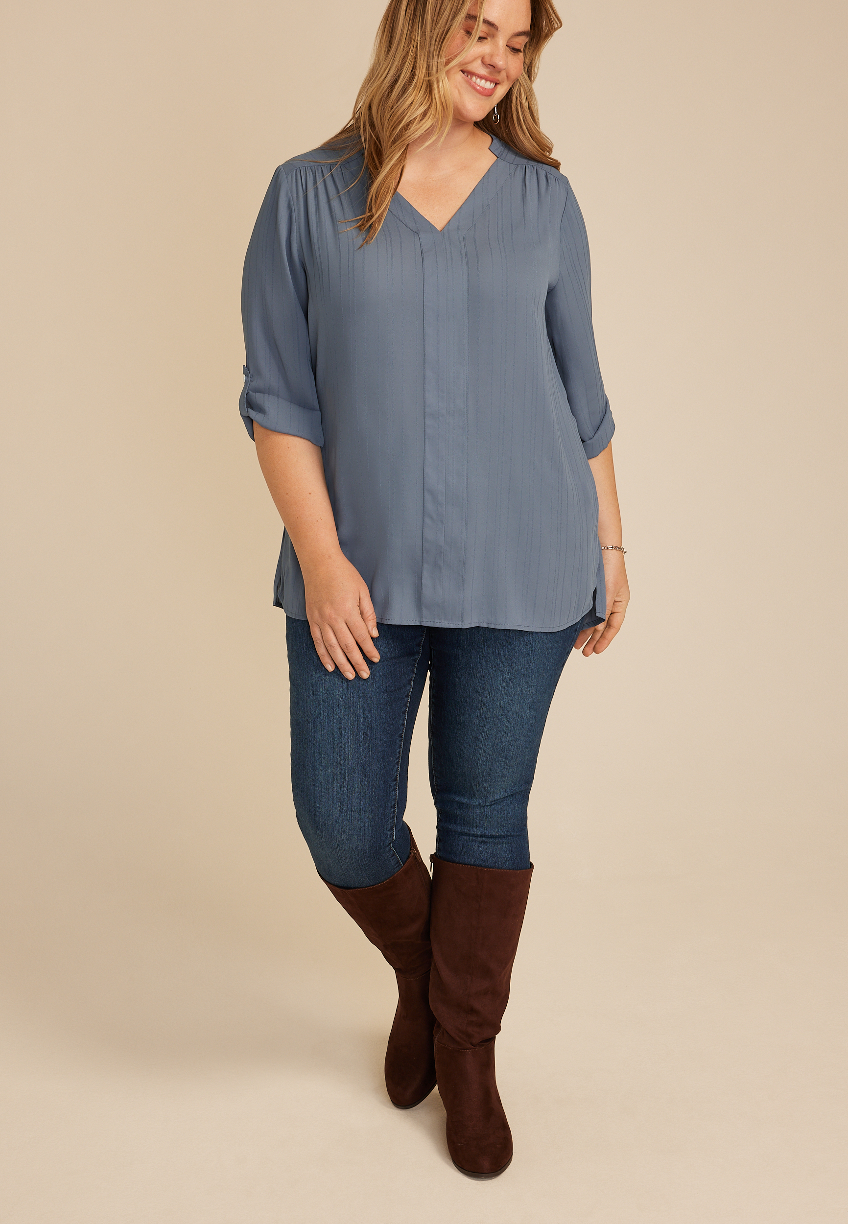Plus Size Striped 3/4 Sleeve Tunic Blouse, C4199, large
