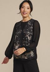 Floral Lace Long Sleeve Blouse, BLACK COMBO, small
