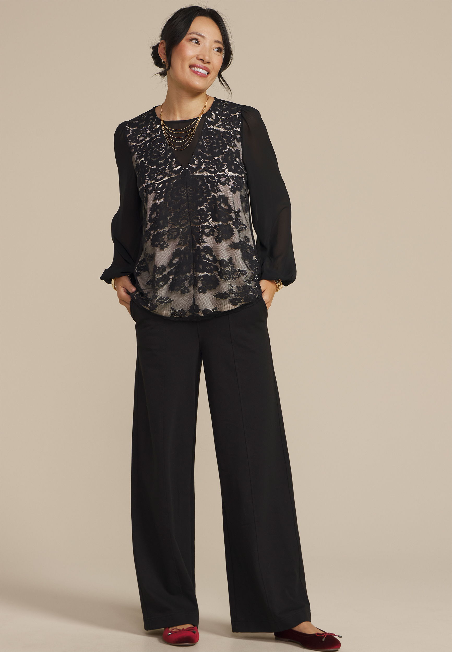 Floral Lace Long Sleeve Blouse, BLACK COMBO, large