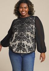 Plus Size Floral Lace Long Sleeve Blouse, BLACK COMBO, small