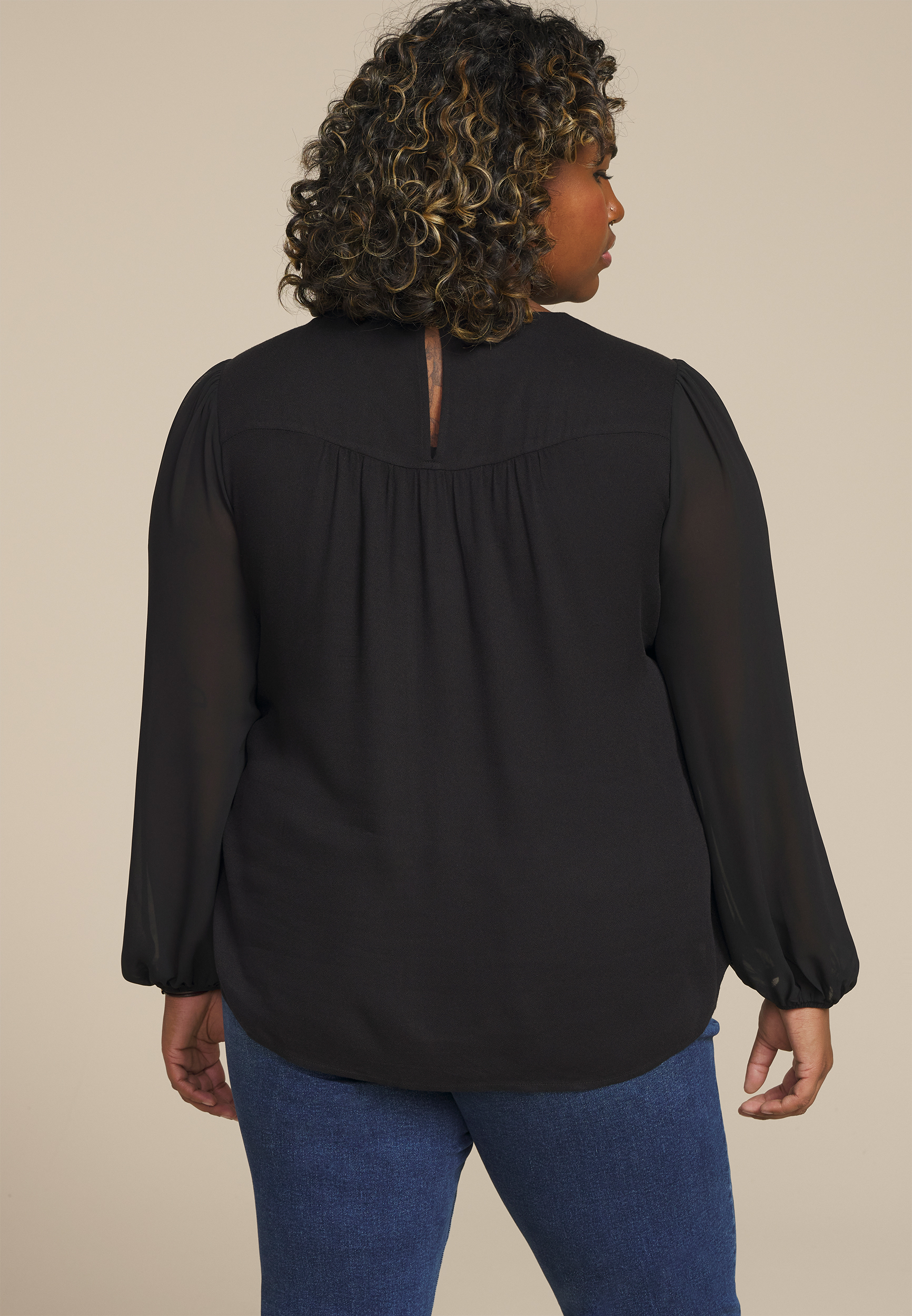 Plus Size Floral Lace Long Sleeve Blouse, BLACK COMBO, large