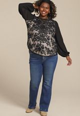 Plus Size Floral Lace Long Sleeve Blouse, BLACK COMBO, small