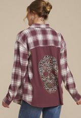 Cabin Plaid Graphic Back Leopard Skull Button Down Shirt, C1653, small