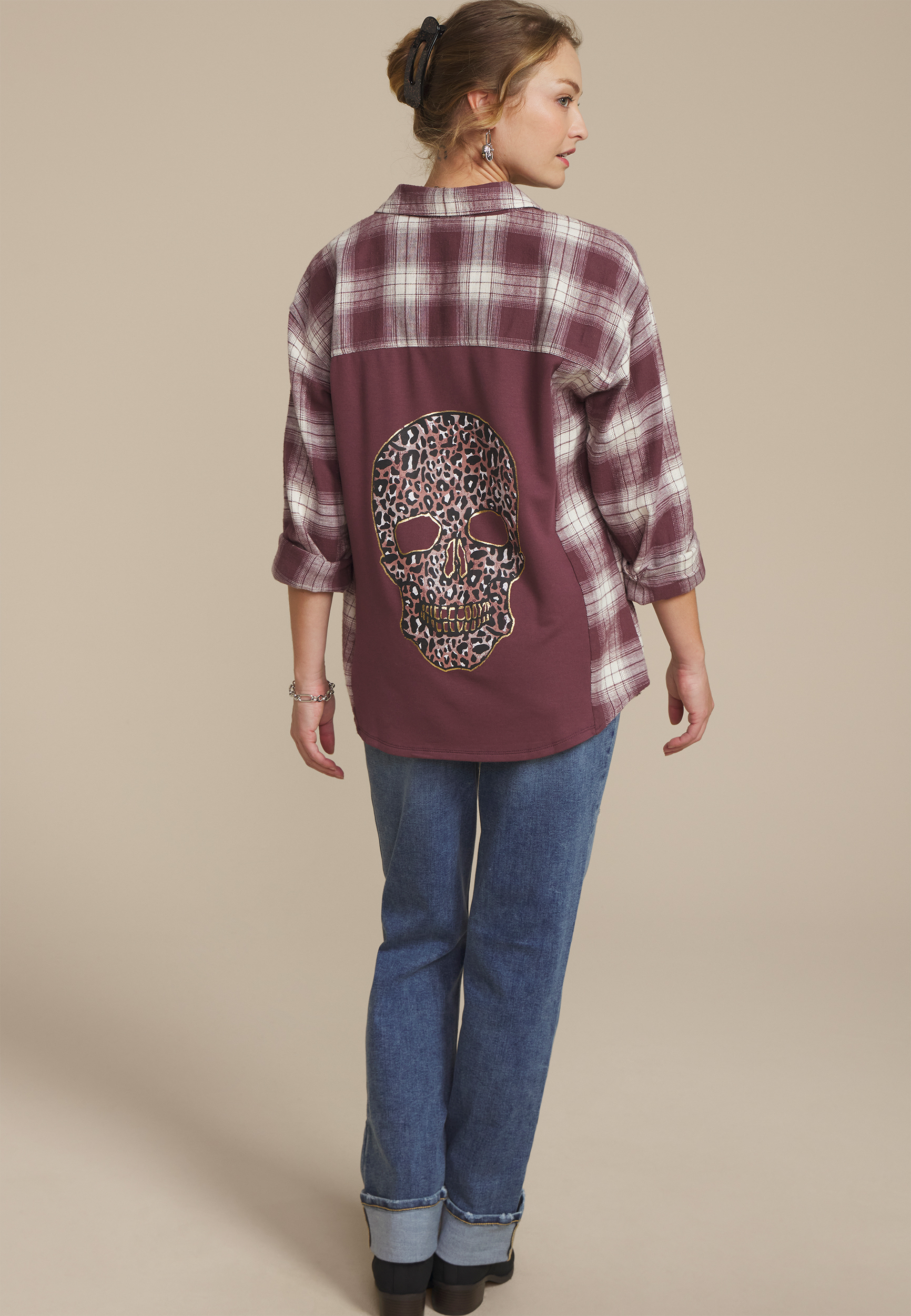 Cabin Plaid Graphic Back Leopard Skull Button Down Shirt, C1653, large