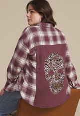 Plus Size Cabin Plaid Graphic Back Leopard Skull Button Down Shirt, C1653, small