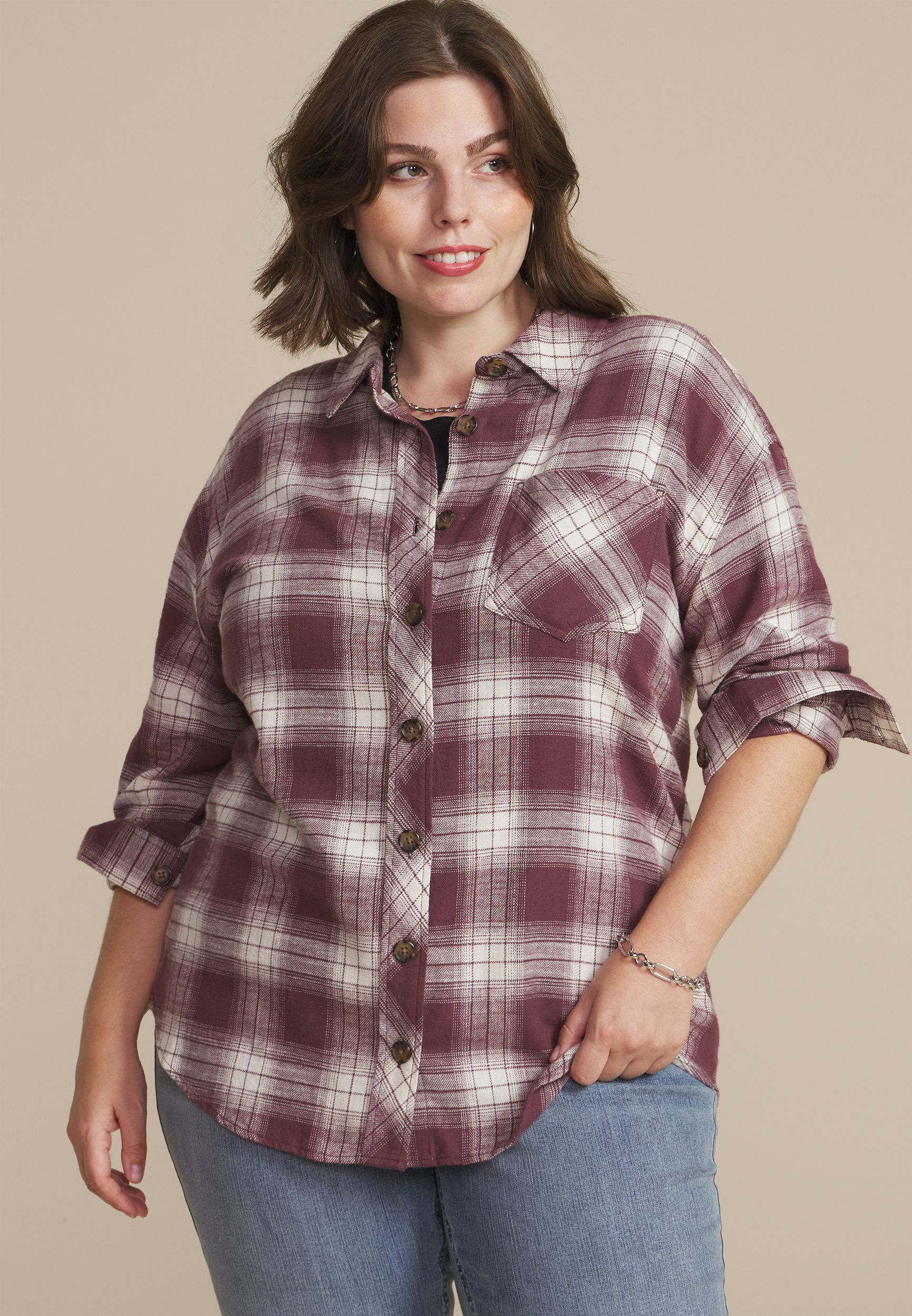 Plus Size Cabin Plaid Graphic Back Leopard Skull Button Down Shirt, C1653, large