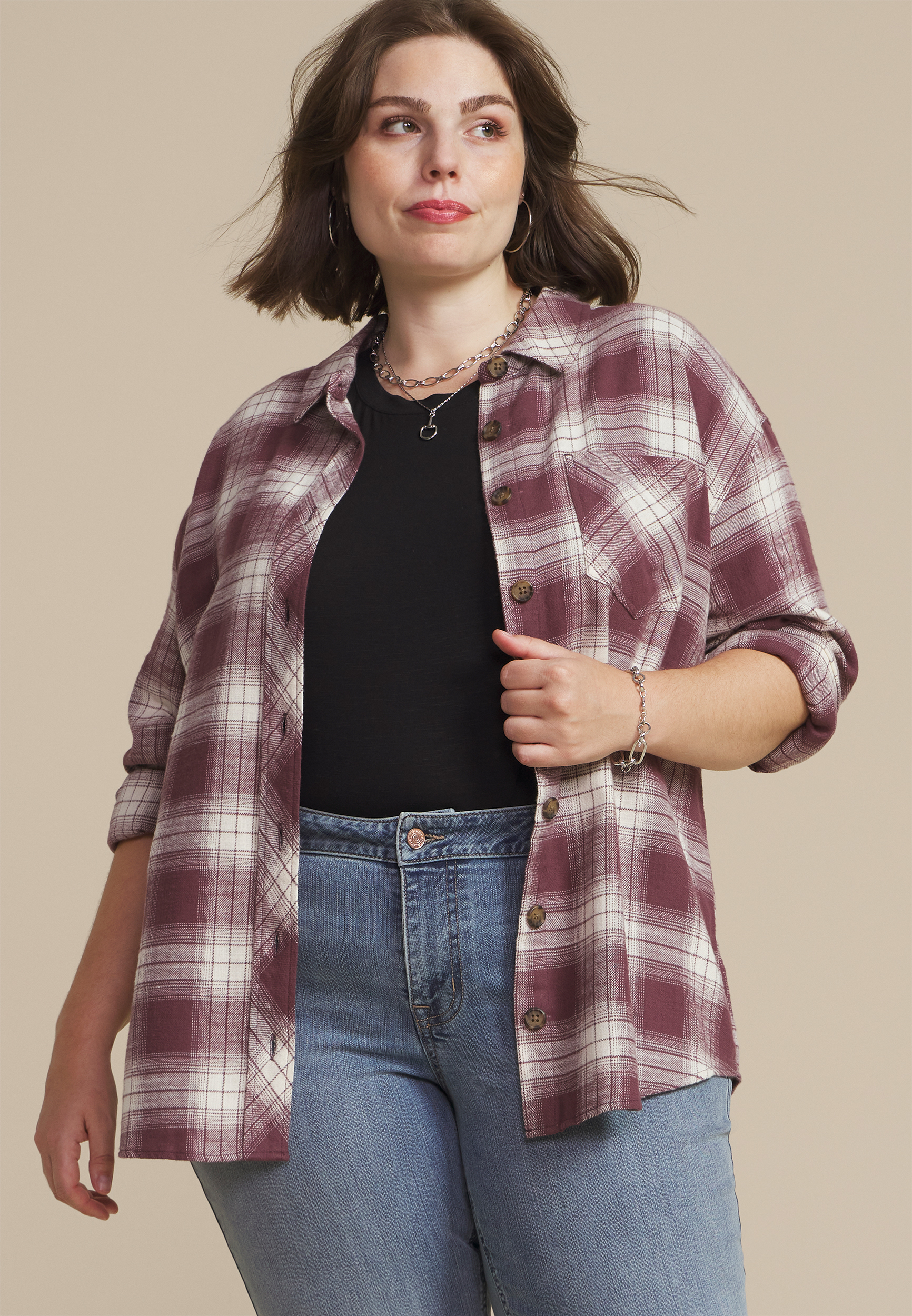 Plus Size Cabin Plaid Graphic Back Leopard Skull Button Down Shirt, C1653, large