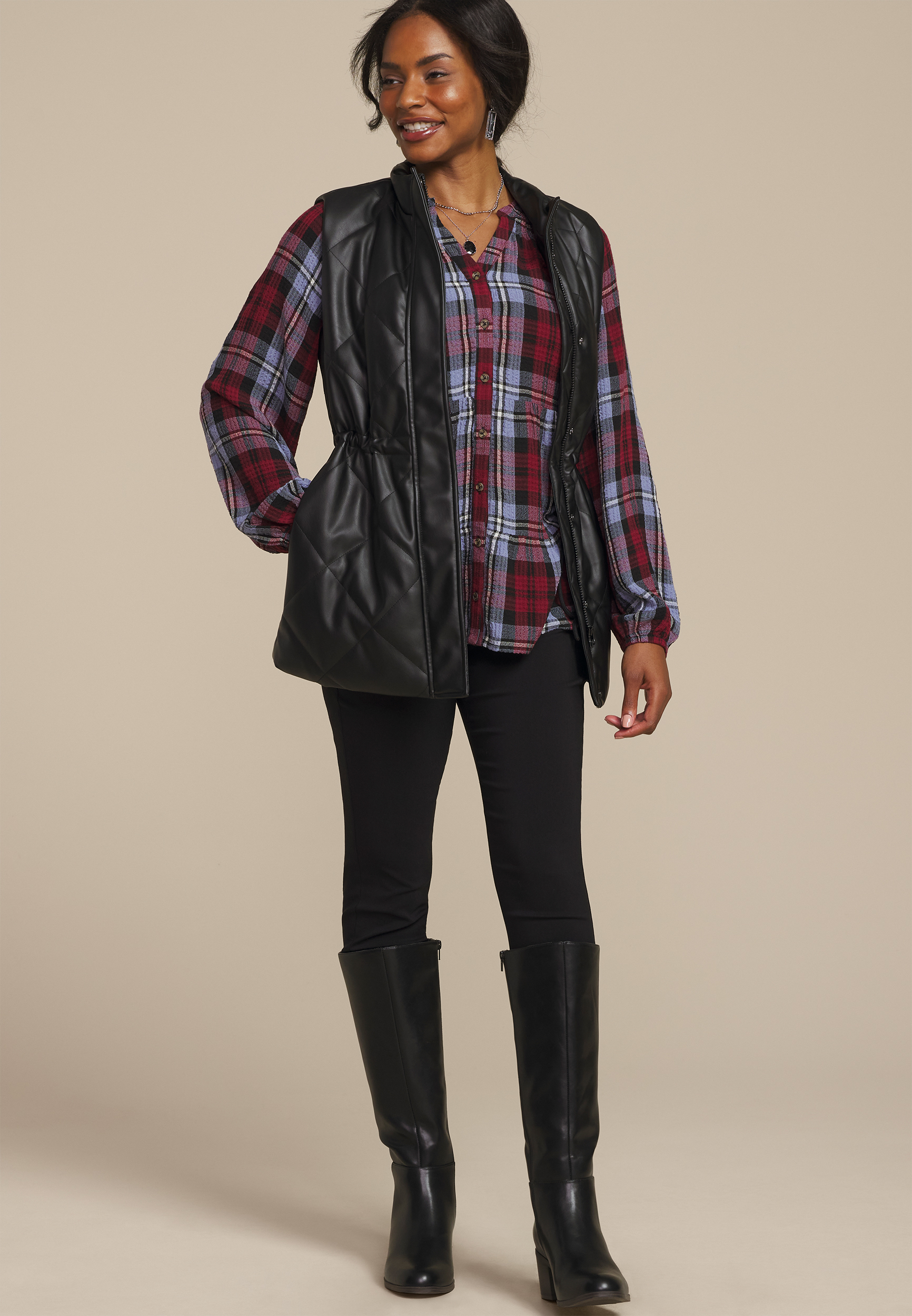Faux Leather Quilted Vest, , large