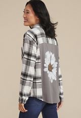 Cabin Plaid Graphic Back Floral Button Down Shirt, C9769, small