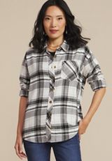 Cabin Plaid Graphic Back Floral Button Down Shirt, C9769, small
